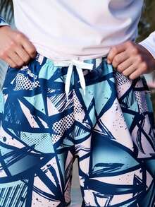 SHEIN Teenage Boys White Geometric Print Swimsuit,Long Sleeve Rash Guard & Shorts 2pcs Set,Sunscreen Surf Swimwear For Summer Beach Holiday Surfing Party - White - View 5