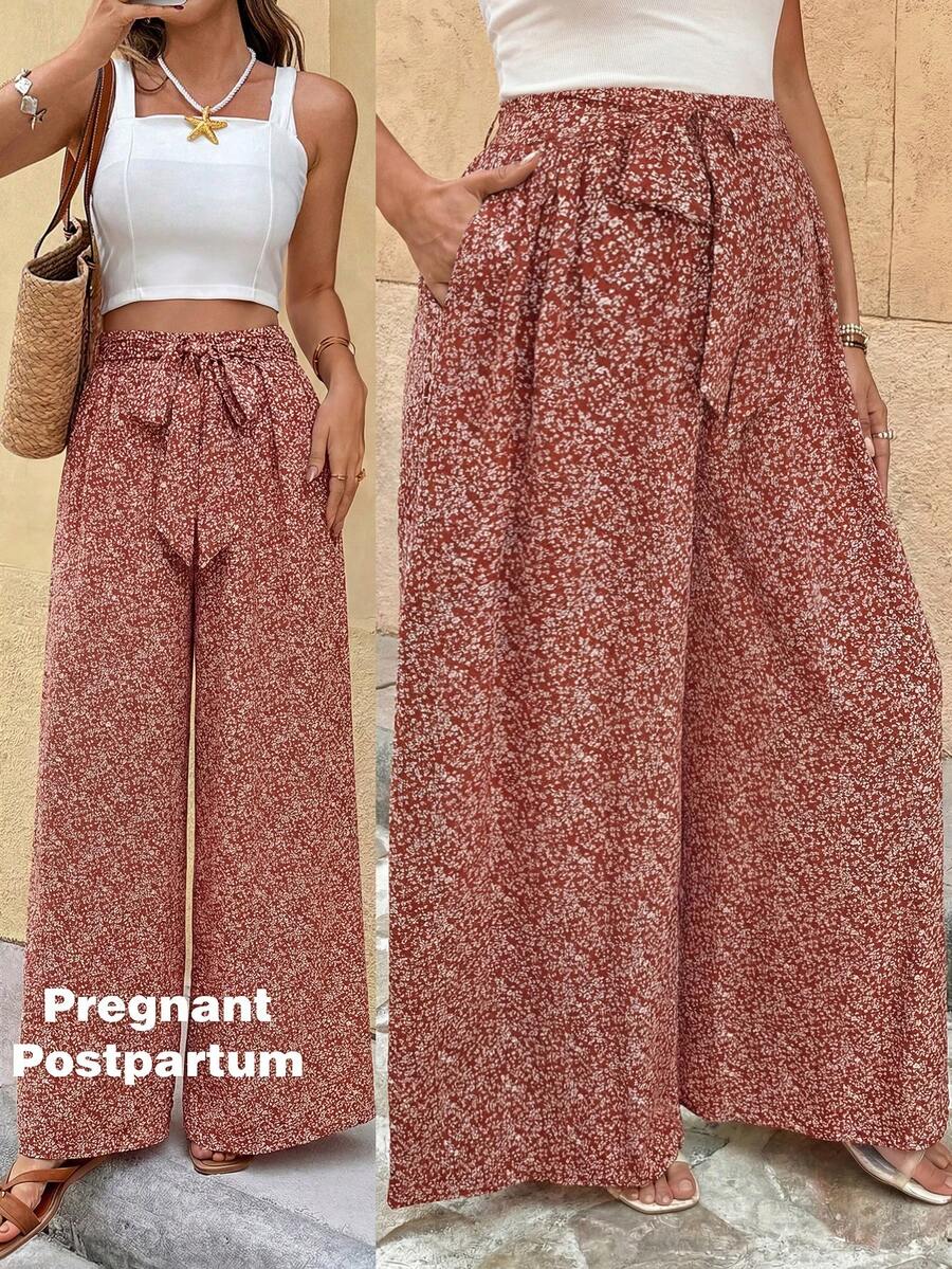 SHEIN 孕妇度假风碎花系带阔腿裤 - 紅色 - 查看 1
