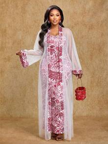 Brilight Women's Elegant Slim Fit Dress And Mesh Patchwork Cardigan Two Pieces Set South African Traditional Clothing Middle Eastern Style Suita Ble For Parties And Gatherings Daily Outings Halloween Set Holiday Set Autumn Outfit Spring/Summer Outfit - White - View 5