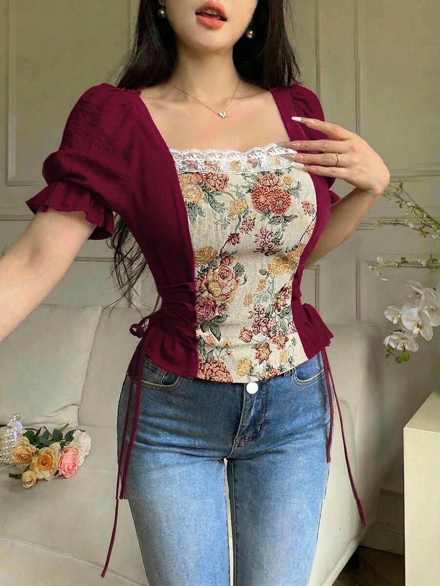 Feyla 女士复古碎花图案方领短袖衬衫 - 酒紅色 - 查看 1
