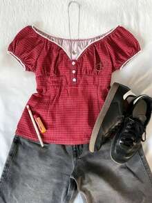 Glimmora Áo sơ mi nữ tay raglan kẻ caro đỏ, thiết kế cài nút - Đỏ - Xem 1