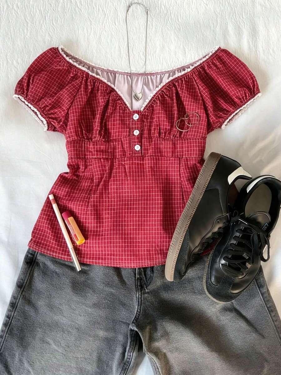 Glimmora Áo sơ mi nữ tay raglan kẻ caro đỏ, thiết kế cài nút - Đỏ - Xem 1