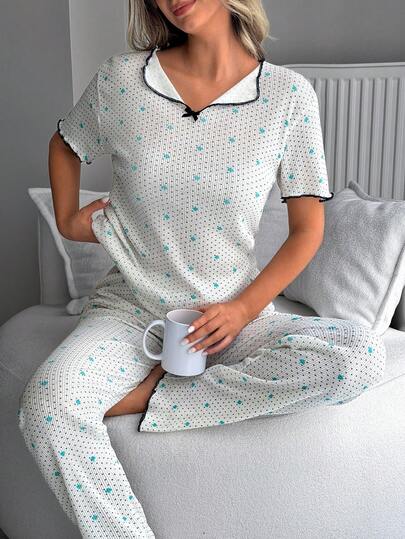 SHEIN Cotton Women Rib Knitted White Contrast Colour Polka Dot & Floral Pattern V Neck Bow Detail Short Sleeved Shirt &Long Pants Homewear Comfort Breathable 2 Pcs Women Lounge Pajama Set For Summer