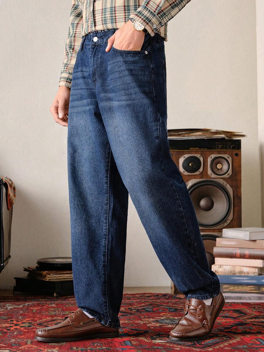 VeloEdit 男式休闲破洞锥形牛仔裤 - 深色水洗藍 - 查看 1