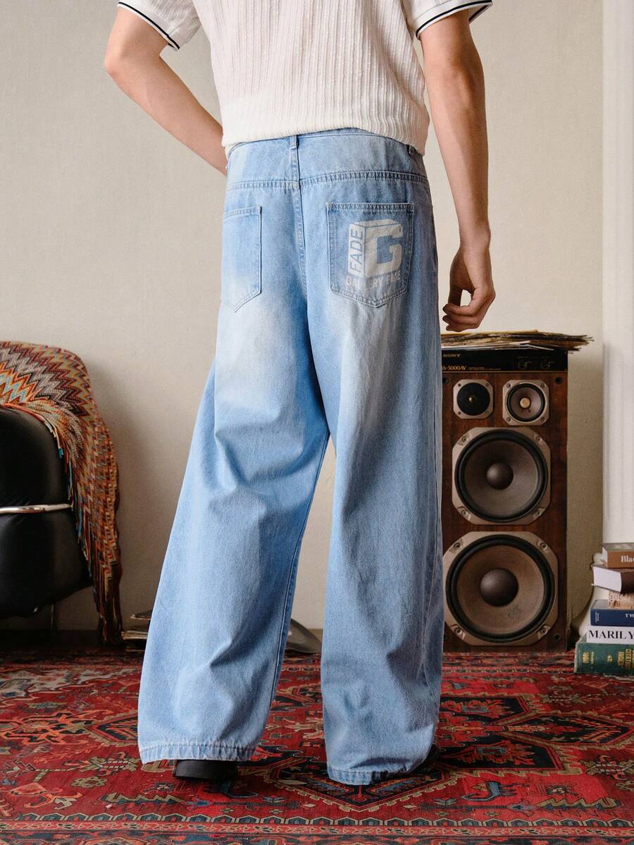VeloEdit Men's Casual Street Style Hand-Stitched Curved Leg Blue Denim Jeans - Light Wash - View 1