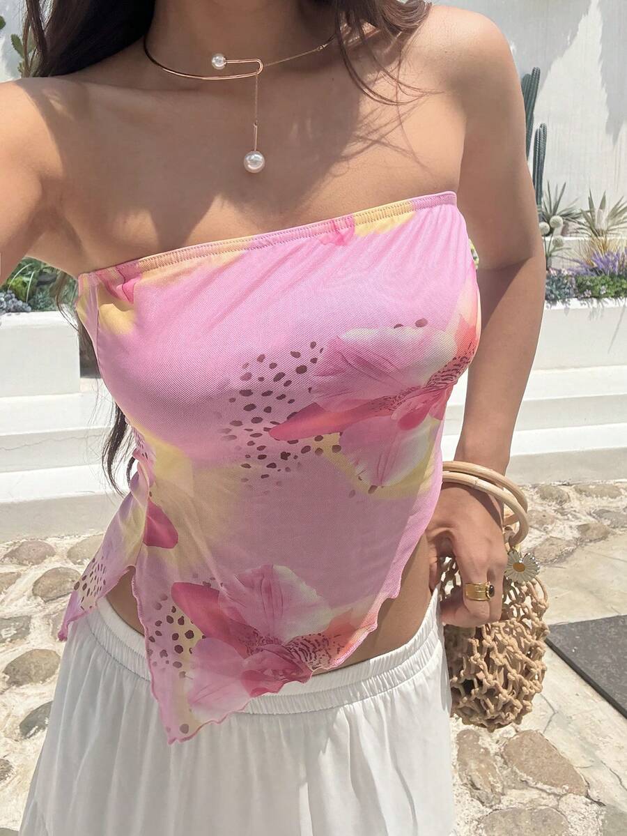 Sunnyshic 女士印花休闲百搭日常穿搭抹胸上衣 - 粉色 - 查看 1