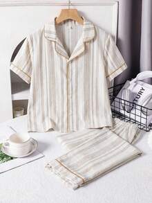 SHEIN Tween Boy Casual Comfortable Striped Collar Short Sleeve Shirt And Soft Comfortable Skin-Friendly Pants 2 Pieces Pajama Set - White - View 5