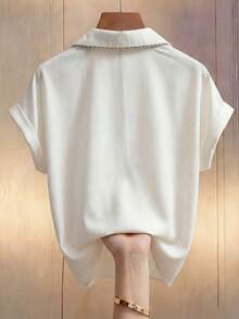 SHEIN Franclia Women's 100 Cotton Loose-Fitting Casual White Shirt, Summer Elegant Office Work Blouse With Scarf Collar, Short Sleeve Fashionable Commuting Top - White - View 3