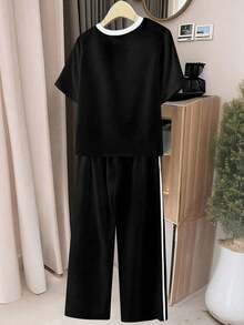 Everyssa Conjunto de 2 piezas de mujer con camiseta de cuello redondo con estampado bordado y ribete de contraste, y pantalones anchos de cintura elástica con bordado, de estilo casual - Multicolor - Ver 2