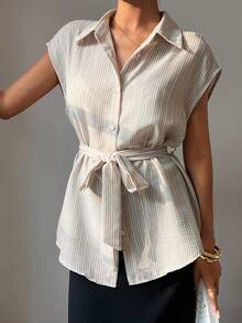 Livesso Robe chemise à manches courtes pour femmes, style décontracté et ample, style de bureau, style de rue, avec ceinture à la taille, rayures pour le printemps et l'été - Kaki - Voir 3
