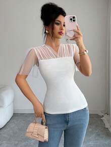 Elenzga 女士纯色短袖时尚网眼拼接T恤 - 米色 - 查看 1