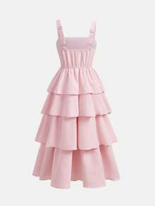Pitira Tween Girls Summer Elegant Soft Pink Ruched Strap Double-Layer Flounce Hem Maxi Dress,French Fairy Princess Dress For Party,Holiday,Wedding&Birthday - Pink - View 2