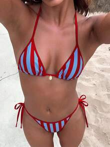 Swim Vcay 2026春夏款吊带红蓝条纹+纯红色抽绳露背高衩两件式比基尼泳衣（女款） - 彩色 - 查看 7