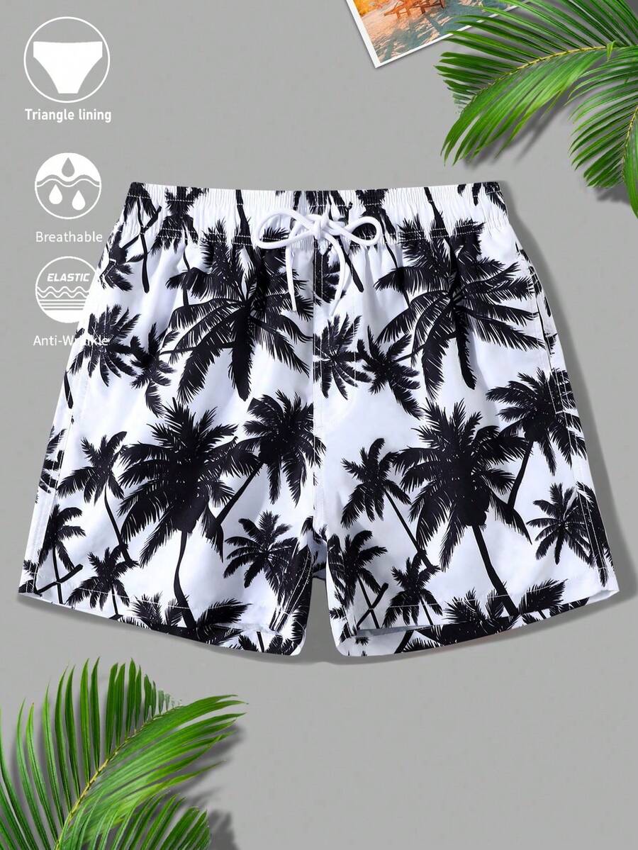 Manfinity Swimmode Swim Trunks For Men Drawstring Waist Security Pockets Lightweight 4-Way Stretch Palm Tree Floral For Resort Casual,Beach VacationBlack And White Fabric Non-Stretch Beach Shorts,Hawaiian - Black and White - View 1
