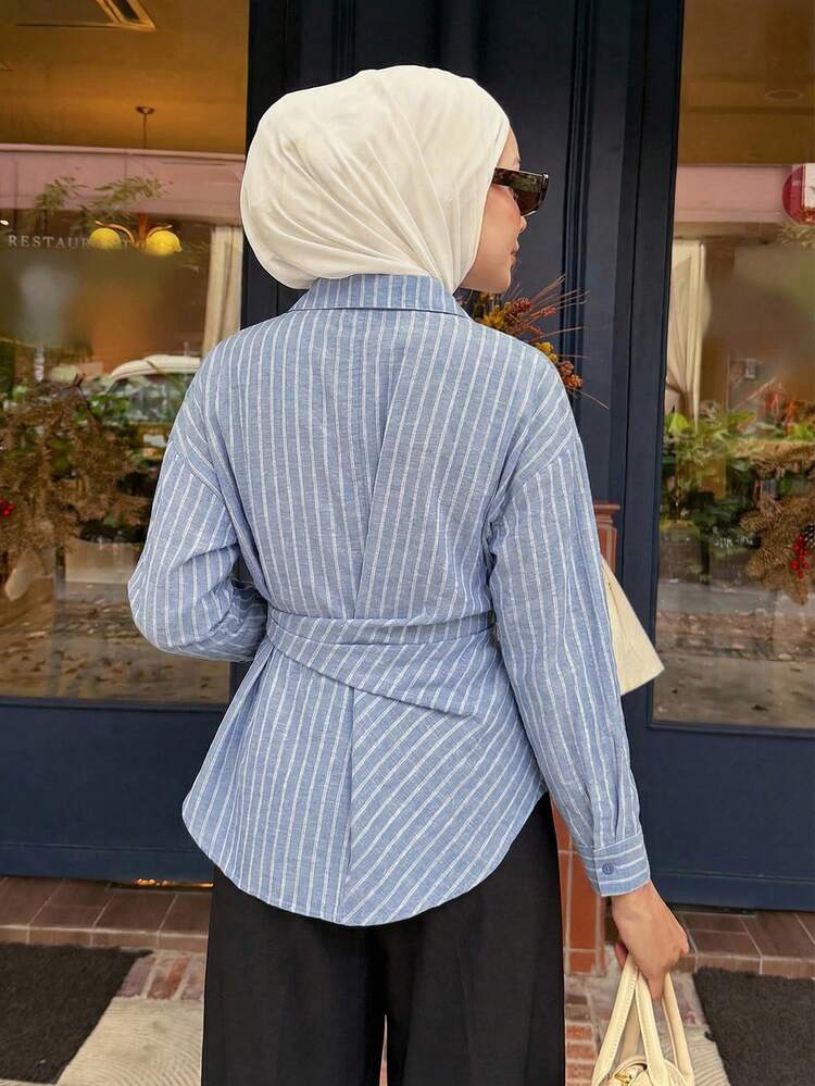 Women's Loose Casual Striped Cinched Waist Shirt, Suitable For Spring And Summer, Commuting Outfit, Blue
