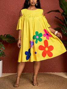 SHEIN CURVE+ Curve Size US22音乐节、海滨度假、波西米亚风连衣裙 - 黃色 - 查看 5