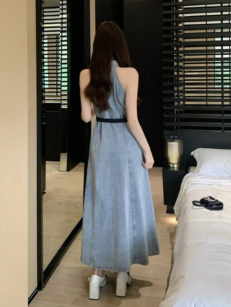 Women's Casual Vacation Style Front Button Sleeveless Denim Dress, Spring/Summer