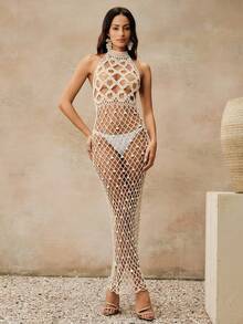 Anewsta Đầm sequin không tay cao cấp với dây đeo mảnh, kiểu dáng thanh lịch, thích hợp mặc ngoài biển vào mùa xuân/hè. - Màu be - Xem 5