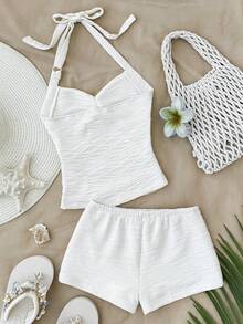 SHEIN Conjunto de top halter y shorts con decoración de estrella de mar y concha para niñas preadolescentes - Negro - Ver 2