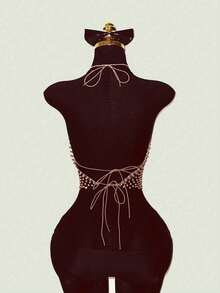 EgrlEra Áo crop top lưới lưới đính đá thời trang gợi cảm dành cho nữ - Rượu sâm banh - View 7