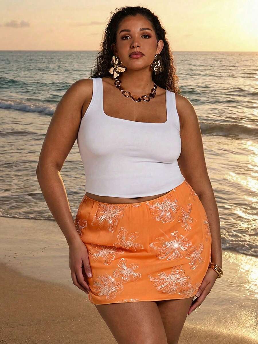 SHEIN BAE 大码女式橙色串珠迷你裙,春夏度假沙滩迷你裙 - 橘色 - 查看 1