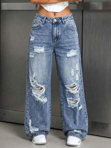 SHEIN ICON Women's Casual Washed Distressed Straight Leg Jeans - Medium Wash - View 3