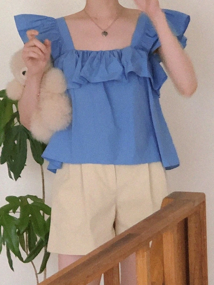 Women's Casual Solid Color Ruffle Hem Blouse, Summer