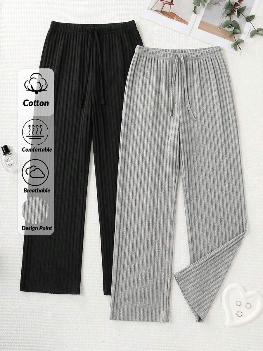 SHEIN 大码女式100%纯棉休闲两件套纯色灰色和黑色罗纹针织睡裤套装 - 彩色 - 查看 1
