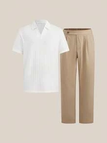 Bộ áo polo tay ngắn và quần màu kaki trơn dành cho nam, trang phục mùa hè màu kem dành cho nam giới theo phong cách cổ điển. - trắng - Xem 3