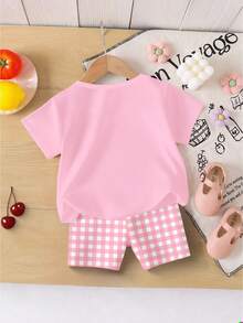 SHEIN 2pcs/Set Baby Girl Sweet & Cute Strawberry, Bow, Floral Print Short Sleeve T-Shirt And Pink & White Plaid Print Shorts Set, Suitable For Summer Outings - Multicolor - View 2