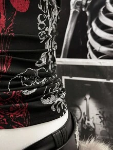 SHEIN Unity Camiseta de mujer con cuello asimétrico, ajustada, con pliegues y estampado de color contrastante en el hombro oblicuo - Negro - Ver 8