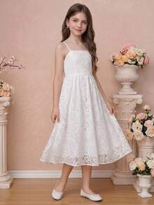 Pitira Vestido midi de encaje blanco para niñas preadolescentes, elegante para vacaciones, fiestas, bodas, regreso a la escuela, graduación - Blanco - Ver 5