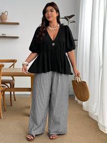 Enliva Plus Size Loose Fit V-Neck Puff Sleeve Cotton Top And Straight Leg Pants Two Pieces Set For Women, Summer Casual Wear, For Apple And Rounded Body Shape - Multicolor - View 7