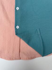 Surfspeed Conjunto casual de camisa de manga corta de un solo pecho con bolsillo y pantalones cortos de color contrastante para hombre - Rosa - Ver 5