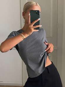 DAZY Women's Round Neck Solid Color Basic White Short Sleeve T-Shirt, Spring/Summer - Dark Grey - View 8