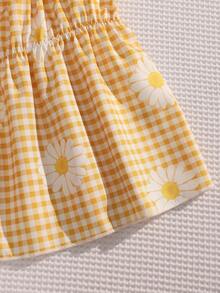 Tween Girl Daisy Pattern Plaid Print Bow Tie Camisole And Casual Pants Set - Yellow - View 6