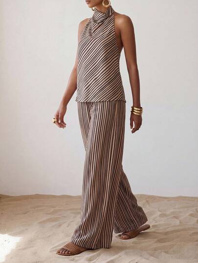 Zivah Women's Sleeveless Loose Top And Pants Set, Minimalist Elegant Casual French Street Relaxed Striped 2-Piece Outfit