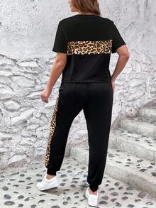 SHEIN LUNE Plus Size Women Leopard Print Short Sleeve T-Shirt And Pants Casual 2 Piece Set Tracksuit Co Ord Outfit For - Black - View 2