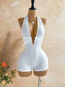 Soleia 女士白色纹理针织露背连体裤，饰有圆形圆环，优雅性感，适合万圣节、圣诞节、度假等场合。 - 米色 - 查看 7
