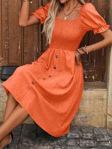 EMERY ROSE Women's Denim Effect Puff Sleeve A-Line Dress - Orange - View 5