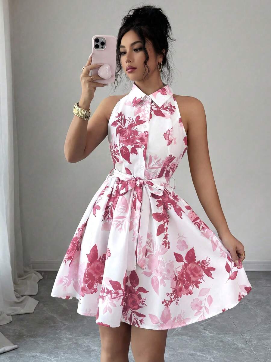 SHEIN Elenzya Đầm hoa không tay in họa tiết, dáng xòe, eo thon, thanh lịch, lãng mạn dành cho nữ. - Nhiều màu - Xem 1