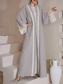 Al Najma Water-Soluble Lace Cardigan, Solid Color Elegant Dubai Style Abaya Robe, Long Sleeve - Grey - View 5