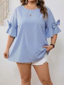 SHEIN CURVE+ Curve Size US22Music Festival, Seaside Vacation, Bohemia Women's Bow Decor Round Neck Fuchsia Shirt - Blue - View 5