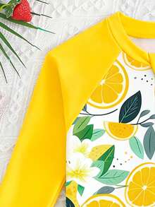 Baju Renang Romper Lengan Panjang Motif Lemon & Bunga untuk Liburan Santai Anak Perempuan, Bahan Rajut, Cocok untuk Pantai & Kolam Renang - MultiWarna - View 4