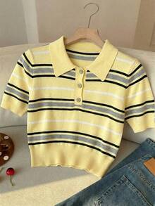 SHEIN EZwear 女士条纹纽扣半开襟短袖针织上衣 - 鵝黃色 - 查看 3