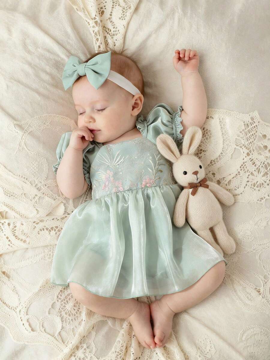 SHEIN Vestido de mono para recién nacido de 0-3 meses, con lentejuelas brillantes, color verde, conjunto de verano con diadema de lazo para sesión de fotos de bebé niña, accesorios de fotografía para bebé niña