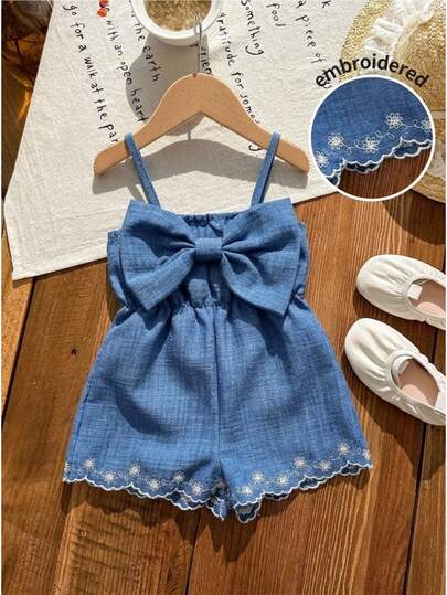 LMoss Kids Babygirl Cute Blue Floral Bow Decor Camisole Romper