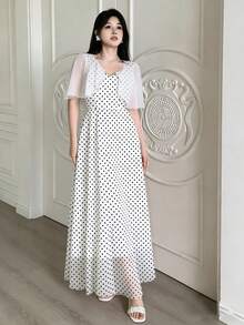 Modelyn 黑色波点印花长款连衣裙，时尚V领荷叶边肩部设计长裙，夏季收腰双层优雅长款连衣裙，适合夏季度假和日常穿着，白色波点雪纺连衣裙 - 彩色 - 查看 5