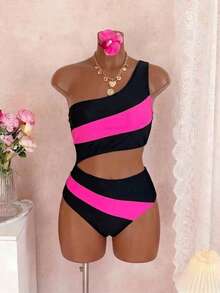 Swim Lushoire Plus Size Women One-Piece Patchwork Cutout Sexy Casual Vacation Swimsuit - Hot Pink - View 7