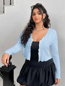 SHEIN EZwear Chemise à manches longues rose à simple boutonnage pour femmes grandes tailles - Bleu azur - Voir 4